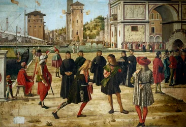 Cyclus van het leven van Sint Ursula (Bretonse prinses). Derde episode: de terugkeer van de Ambassadeurs naar de Koning van Engeland. Detail van de Ambassadeurs. Uittreksel uit de legende doree door Jacques de Voragine (ca. 1228-1298).