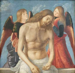 Dode Christus ondersteund door twee engelen