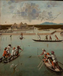 Jacht op de Lagune (recto); Briefrek (verso), ca.1490-1495 (Olieverf op paneel)