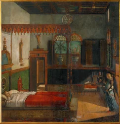 De heilige Ursula droomt van haar aanstaande martelaarschap, aangekondigd door een engel (schilderij op doek)