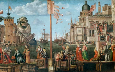 De Ontmoeting van Etherius en Ursula en het Vertrek van de Pelgrims, uit de St. Ursula-cyclus, oorspronkelijk in de Scuola di SantOrsola, Venetië, 1498 (detail)