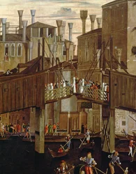 Het wonder van de relikwie van het Heilige Kruis, detail van de oude Rialtobrug, uit de Scuola di San Giovanni Evangelista, ca. 1494