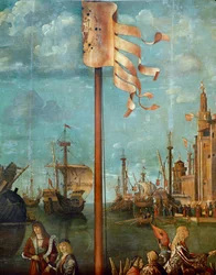 De ontmoeting van Ursula en haar verloofde Ereo: schepen en vlaggen (schilderij op doek)