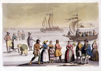 Nederlandse schaatsscène gegraveerd door G. Bramatti (kleurengraving)