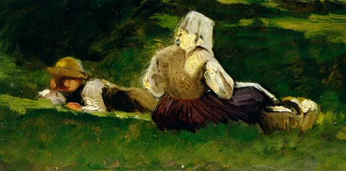 Zittende vrouw en jongen liggend op het gras, door Vittorio Avondo