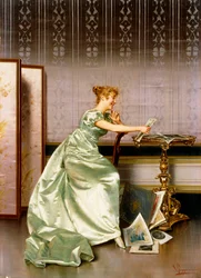 Een Elegante Dame die een Portfolio van Prenten Bewondert