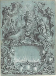 Een Uitgebreide Rococo Setting met de Maagd en Kind en Heiligen die Kwaad, Ketterij en Profane Liefde Verslaan
