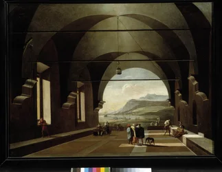 Gewelfde galerij met marien landschap op de achtergrond