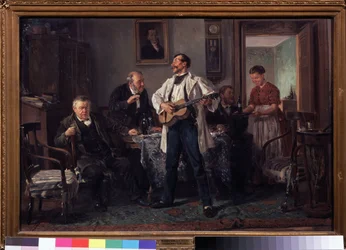 De vrienden. Verzameld rond een tafel in een salon, luisteren ze naar een gitarist die zingt terwijl een vrouw hen een nieuwe fles wijn brengt.