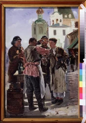 Kwasverkoper (Kwass). Een gefermenteerde, bruisende, licht alcoholische en populaire drank, bijgenaamd broodbier, de nationale drank van Rusland - Vladimir Jegorovitsj Makovski (Makovsky, Makovskij) (1846-1920)