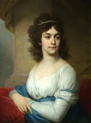 Portret van een onbekende vrouw in witte jurk met blauw lint, eind 1790s