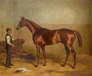 Sir Hugo als driejarige vastgehouden door een stalknecht, ca. 1875-92