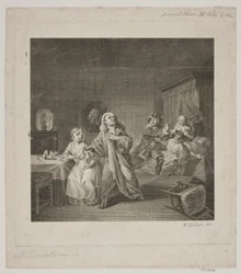 Barselsstuen III. akt 6. scène. Gravure naar Lorenzens Holberg Galleri