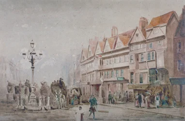 Uitzicht naar het oosten langs de zuidkant van Holborn en Stable Inn, Londen, 1860