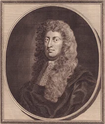 Portret van Engelse politicus William Russell, Lord Russell (1639-1683), kopergravure door John Goldar naar schilderij van G Kneller