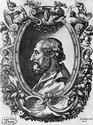Portret van Ludovico Ariosto (1474-1533), Italiaanse dichter en toneelschrijver, Medaglie del Doni, gravure door Enea Vico