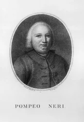 Portret van Pompeo Neri (1706-1776), Italiaanse jurist en politicus, ets door Benedetto Bordiga naar tekening van Francesco Sabatelli