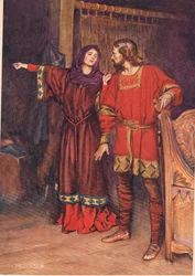 Gertrude onthult dat Hamlet Polonius heeft gedood, uit ‘Hamlet’ van William Shakespeare, editie uitgegeven door Hodder en Stoughton in 1915