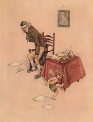 Hij sprong van de schoot van de oude man en danste om hem heen op de vloer