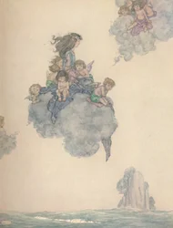 Met de rest van haar kinderen van de lucht, zweefde hoog boven de roze wolk