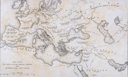 De gebieden en geleidelijke opmars van de barbaarse naties, circa 1850