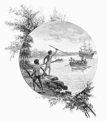 Inboorlingen die zich verzetten tegen de landing van kapitein Cook, Australië, 1770, 1886