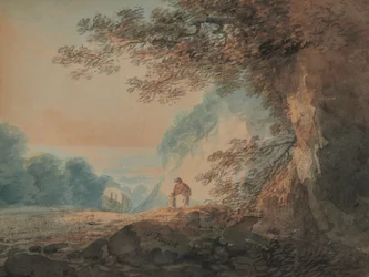 Landschap, boom in de rechter voorgrond, kar en figuren van vrouw en kind