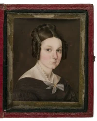 Miniatuurportret van Sally Ann Gage, ca.1837 (wc op ivoor, leer, koperlegering & glas)