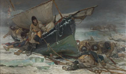 Sir John Franklin sterft bij zijn boot tijdens de Noordwestelijke Doorvaart-expeditie van HMS 