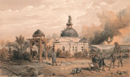Kerk achter de Redan, kijkend naar het noorden - toont de effecten van schot en granaat, 1856