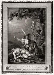 Thisbe neemt het zwaard dat al druipt van het bloed van Pyramus en steekt het in...