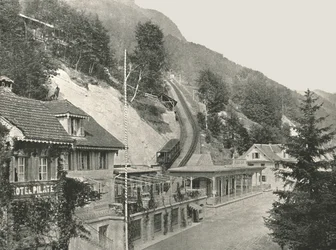 Startpunt van de Pilatus-spoorweg, Alpnachstad, Zwitserland, 1895