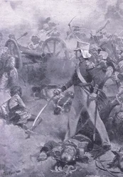 Chilianwala, 13 januari 1849: Het lichaam van Pennycuick bewaakt door zijn zoon, illustratie uit Britse gevechten op land en zee, 1915