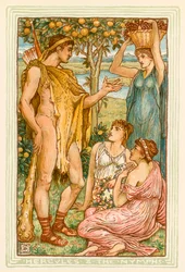 Hercules en de nimfen (kleurenlitho)