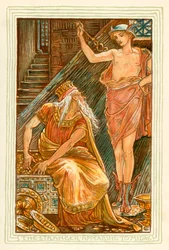 De vreemdeling verschijnt aan Midas (kleurenlitho)