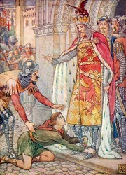 De jonge Owen doet een beroep op de koning (kleurenlitho)