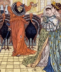 Verschijning van een heks vergezeld door twee pauwen, gravure naar een tekening van Walter Crane (1845-1915)