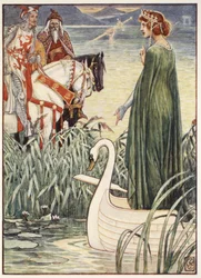 Koning Arthur vraagt de Vrouwe van het Meer om het zwaard Excalibur, uit 