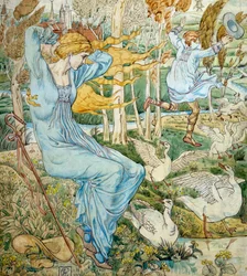 "Een jongeman probeert zijn hoed in te halen, die is weggevlogen in de wind. Een ganzenoppasser houdt hem in de gaten. Illustratie door Walter Crane (1845-1915) Privécollectie