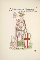 Londens trots. Een jonge vrouw die een schild met het kruis van St. George vasthoudt