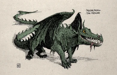 Voorstelling van de mythologische draak Ashchemon - Tekening door Walter Crane uit 1899
