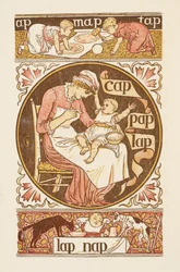 Rijmwoorden eindigend op de letter P. Een illustratie, die een vrouw toont die een kind voedt. The Golden primer.