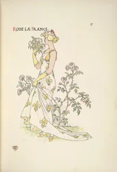 Roos La France. Een jonge vrouw die aan een boeket bloemen ruikt