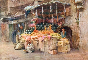 Een fruitkraam (kleurenlitho)
