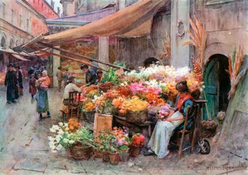 Een kraampje op de Rialto, Venetië (kleurenlitho)