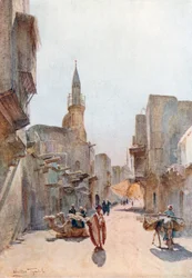 Een straat bij de Citadel, Caïro (kleurenlitho)
