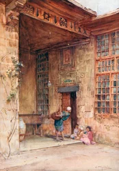 Binnenplaats in een Cairene huis (kleurenlitho)