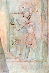 Seti I offert een beeld van waarheid aan Osiris (kleurenlitho)