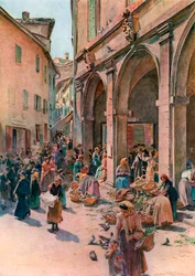De markt van Montepulciano (kleurenlitho)