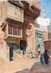 Het huis van de sjeik in de Nahassin, Caïro (kleurenlitho)